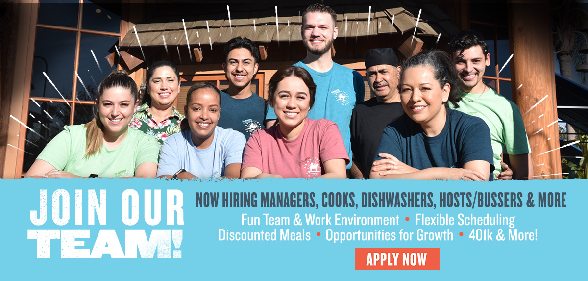 Join Our Team! Now hiring managers, cooks, dishwashers, hosts/bussers & more. fun team & work environment. Flexible scheduling. discounted meals. opportunities for growth. 401K & More!