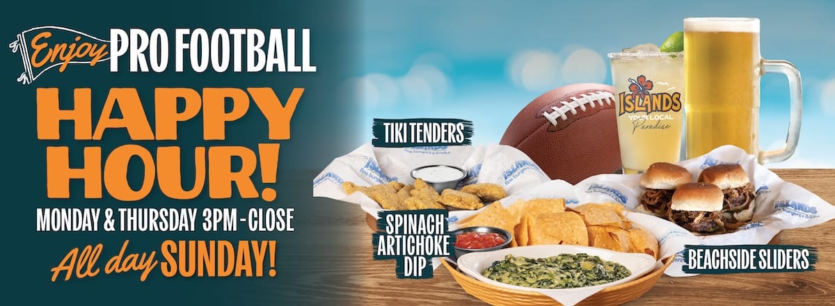 Enjoy Pro Football Happy Hour! Monday & Thursday 3PM-Close All Day Sunday! Tiki Tenders - Spinach Artichoke Dip - Beachside Sliders